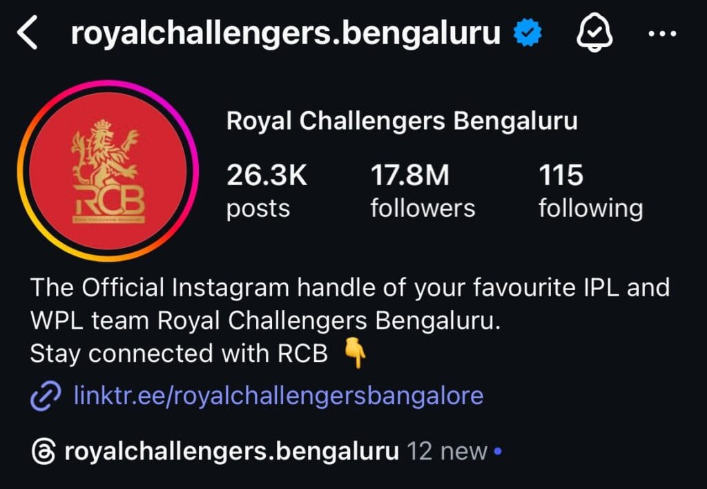 RCB Becomes the Most Followed IPL Franchise on Instagram with 17.8M Followers RCB Instagram account